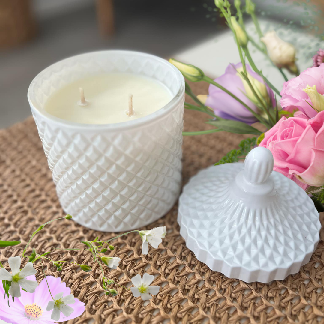 400g Geo Cut Glass Candle - White